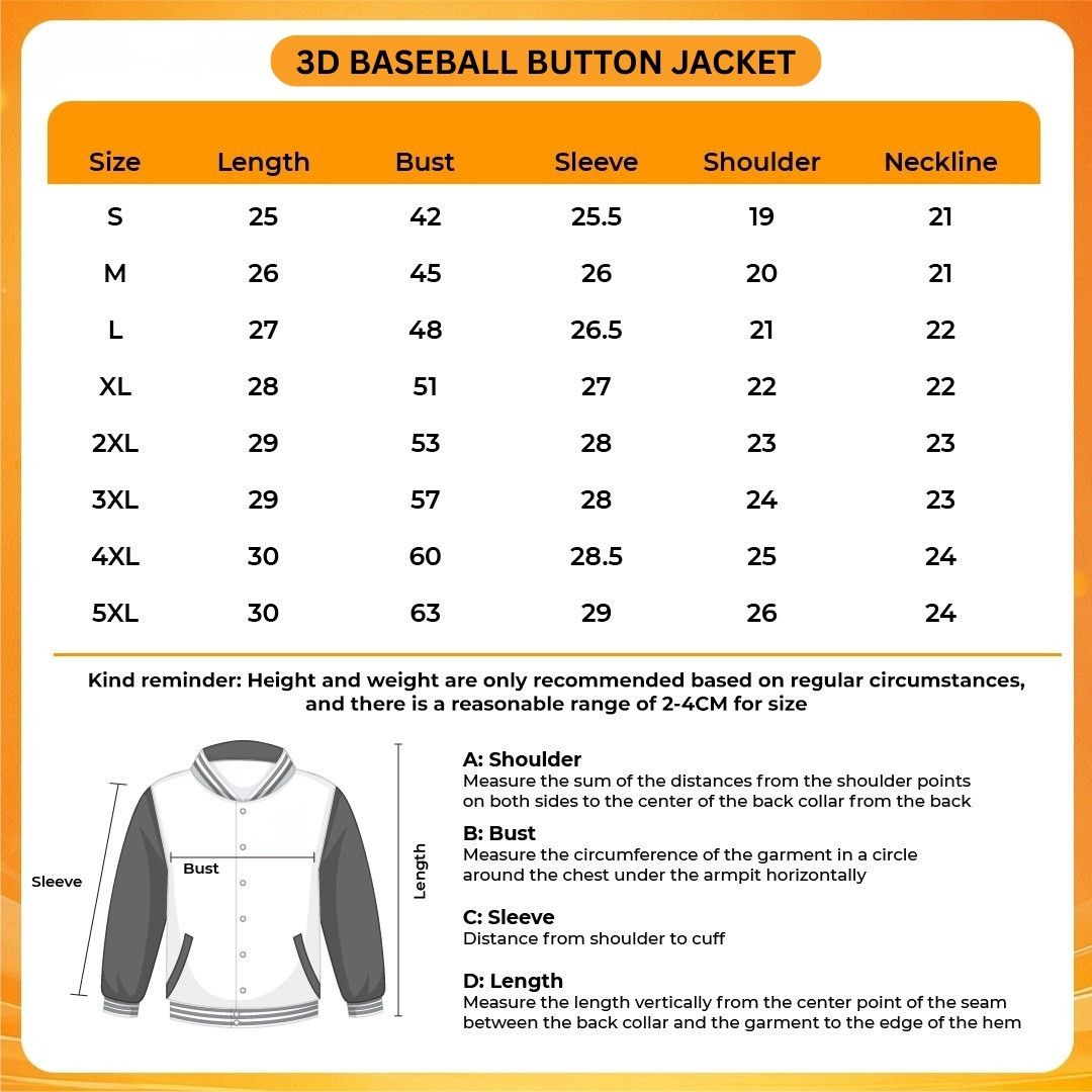 3D Baseball Button Jacket Size Chart - Mob Psycho 100 Merch